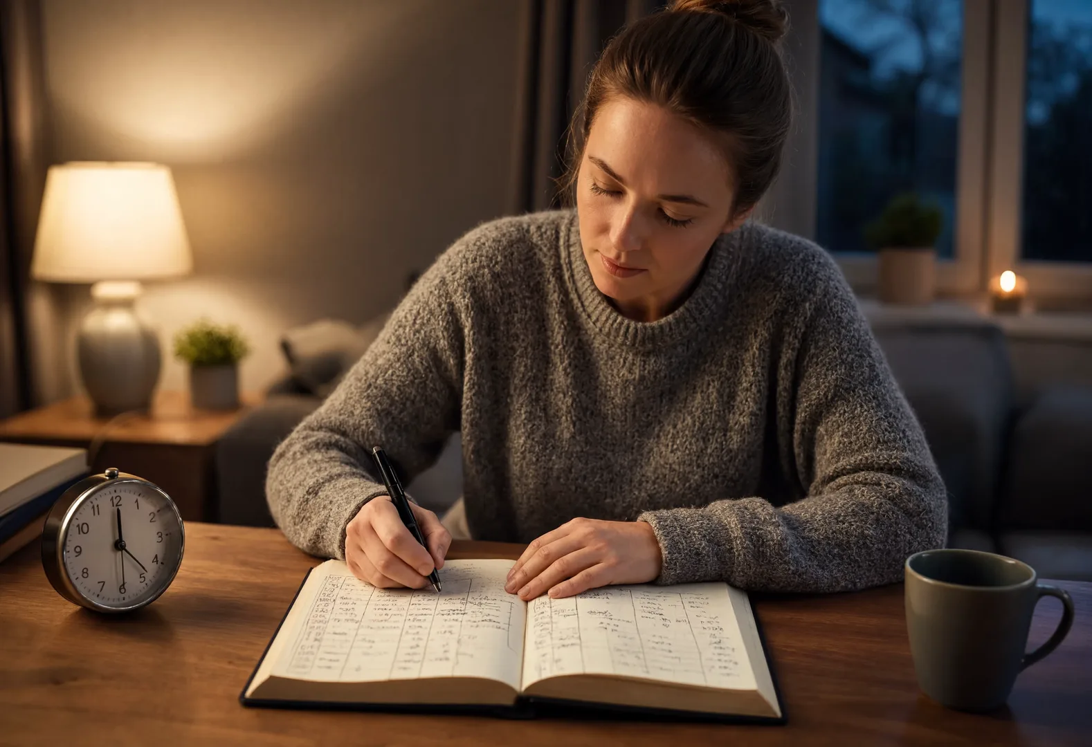 Женщина сидит за столом в вечернее время и заполняет дневник сна дома