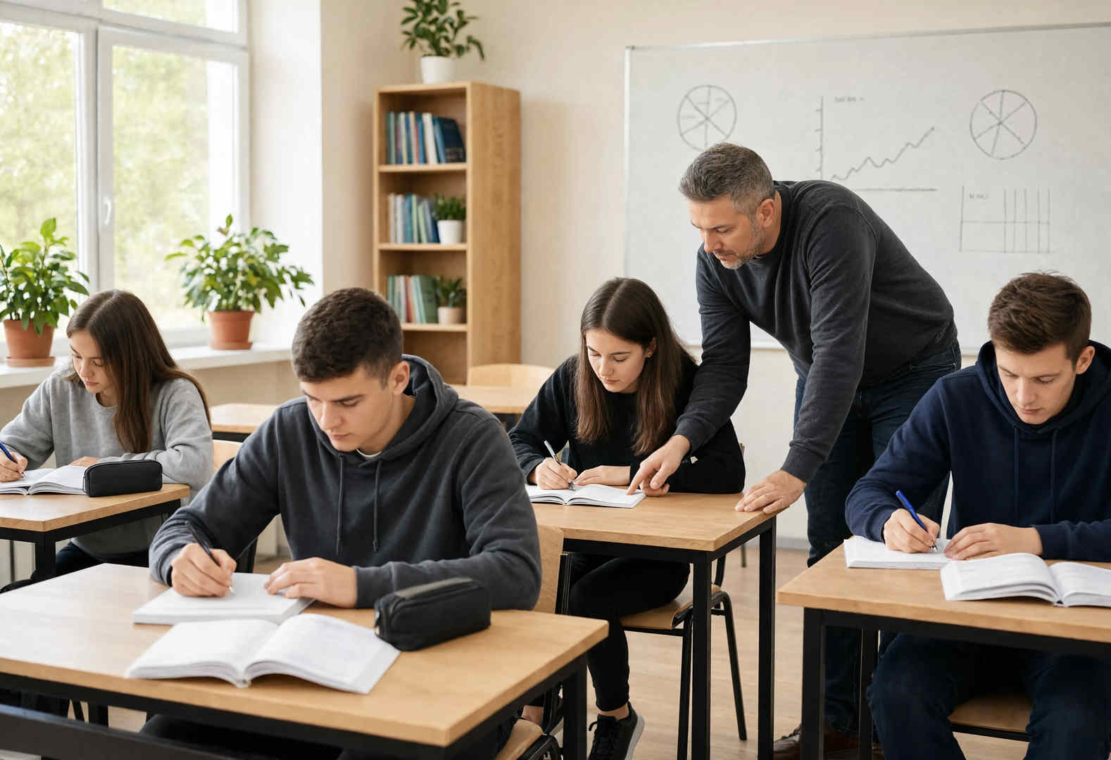 Небольшая группа подростков занимается с педагогом в светлом учебном классе реабилитационного центра, на столах учебники и школьные принадлежности